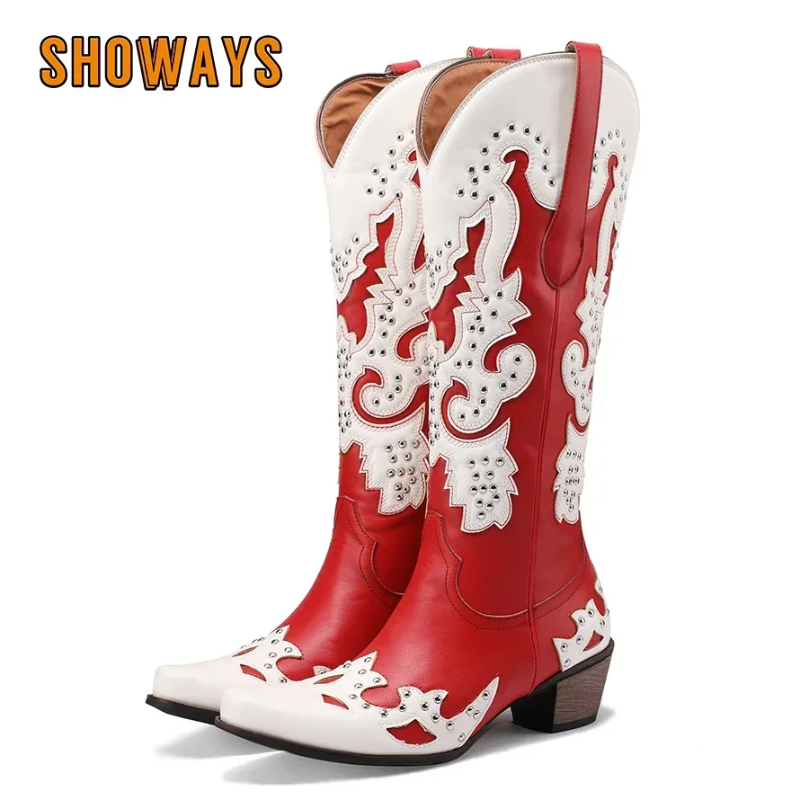 Western Cowgirl Boot - Женские ковбойские сапоги до колена, сине-красные,